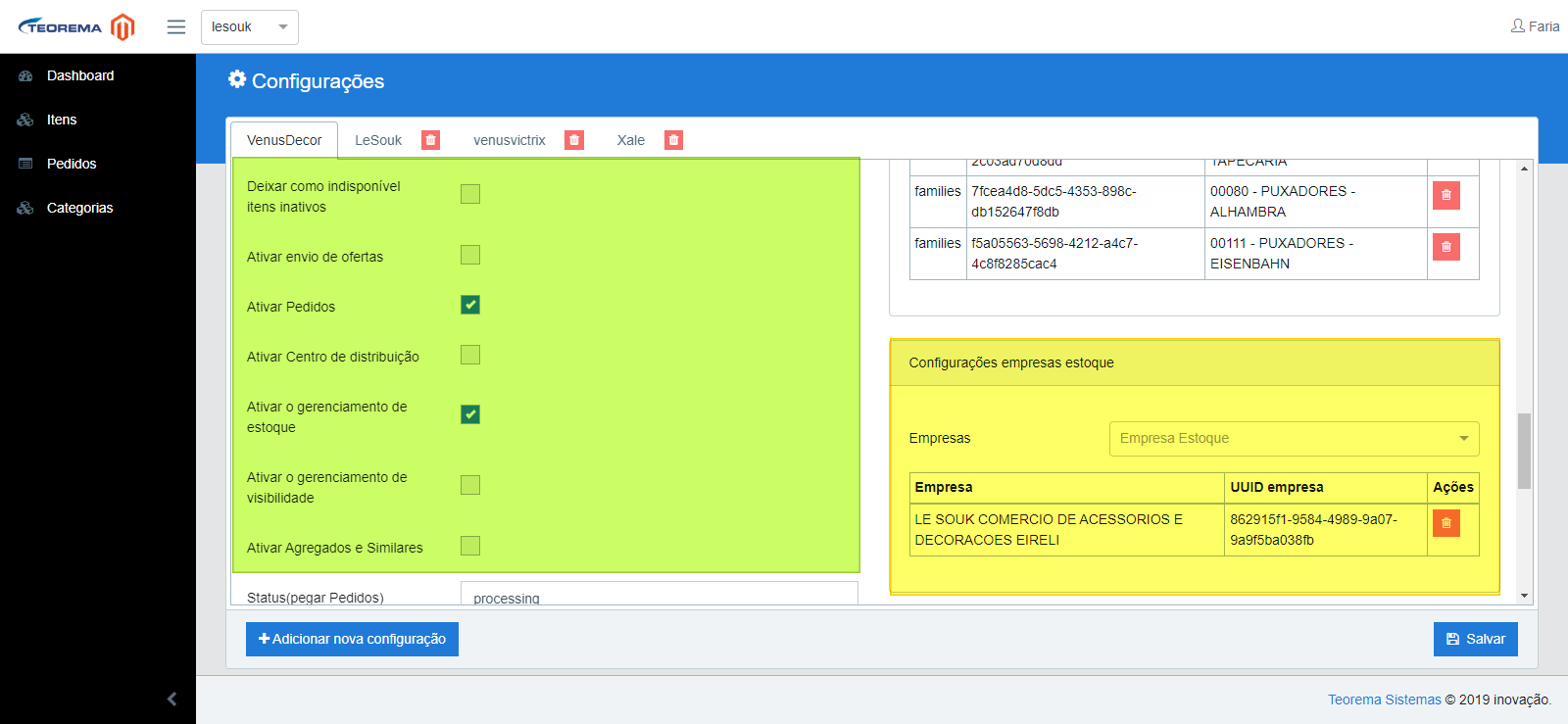 Tela de Configurações com as opções de pedido e estoque em verde (Ativar Pedidos e Ativar o gerenciamento de estoque marcados) e o bloco Configurações empresas estoque em amarelo, associando a empresa de estoque ao site