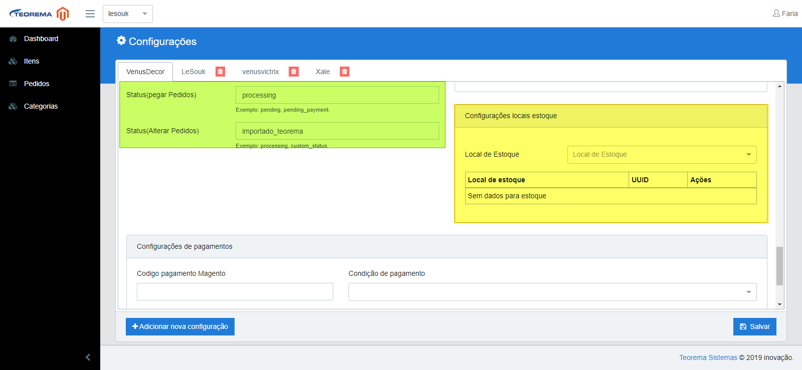 Tela de Configurações com os campos Status (pegar Pedidos) = processing e Status (Alterar Pedidos) = importado_teorema em verde, e os blocos Configurações locais estoque e Configurações de pagamentos