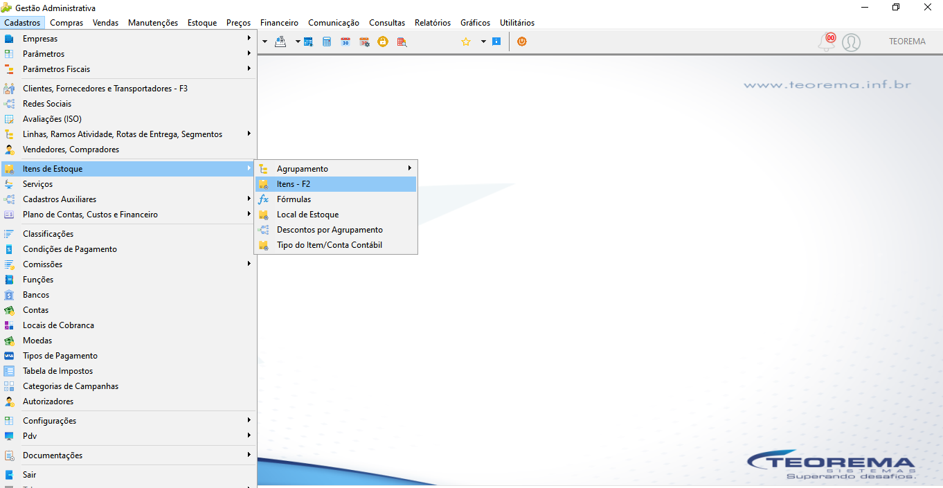 Menu Cadastros > Itens de Estoque > Itens – F2