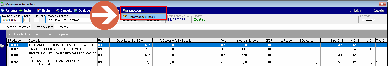 Menu Processos com a opção Informações Fiscais