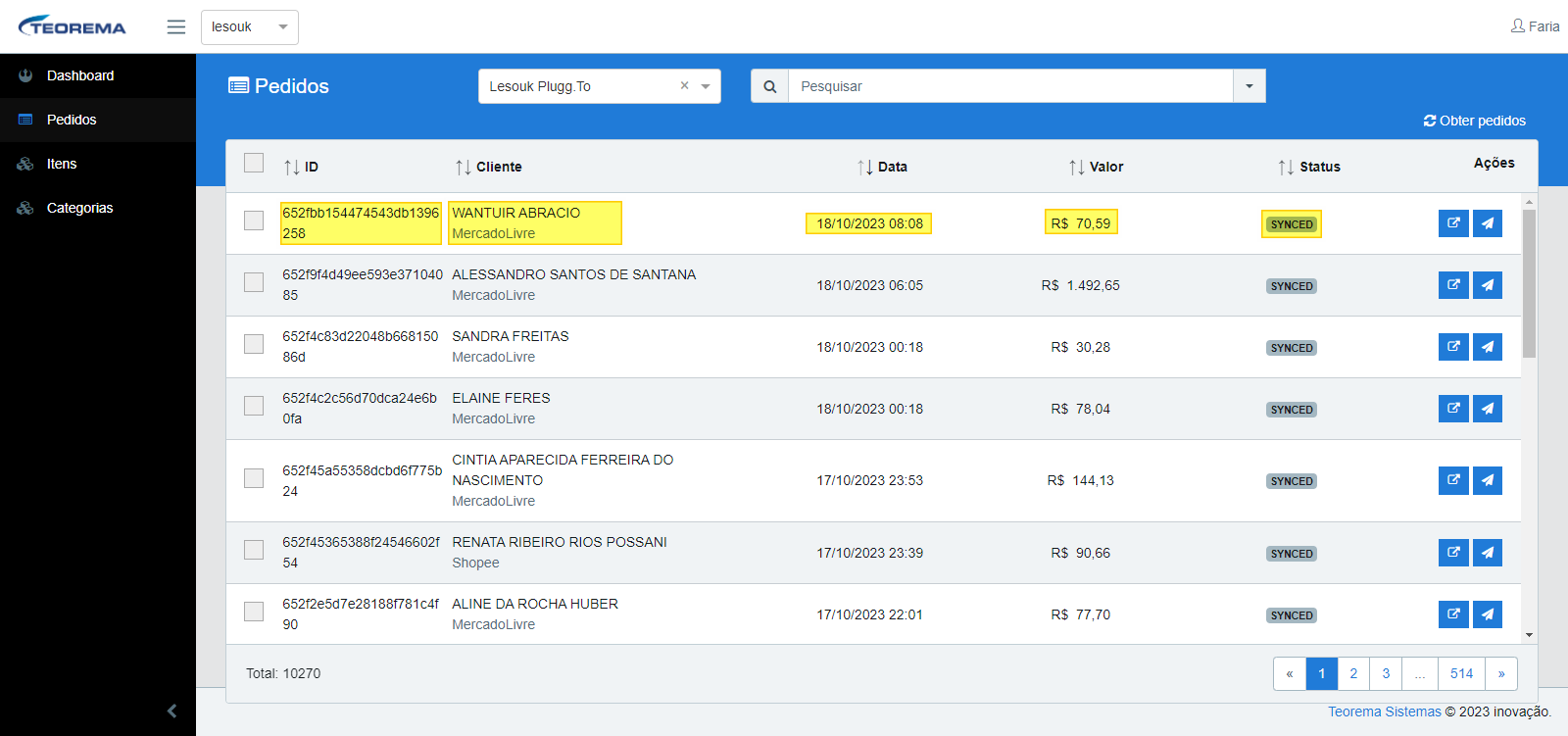 Seção Pedidos do Teorema Integrador exibindo lista de pedidos com colunas ID, Cliente, Data, Valor e Status; pedidos com status SYNCED originados do MercadoLivre e Shopee