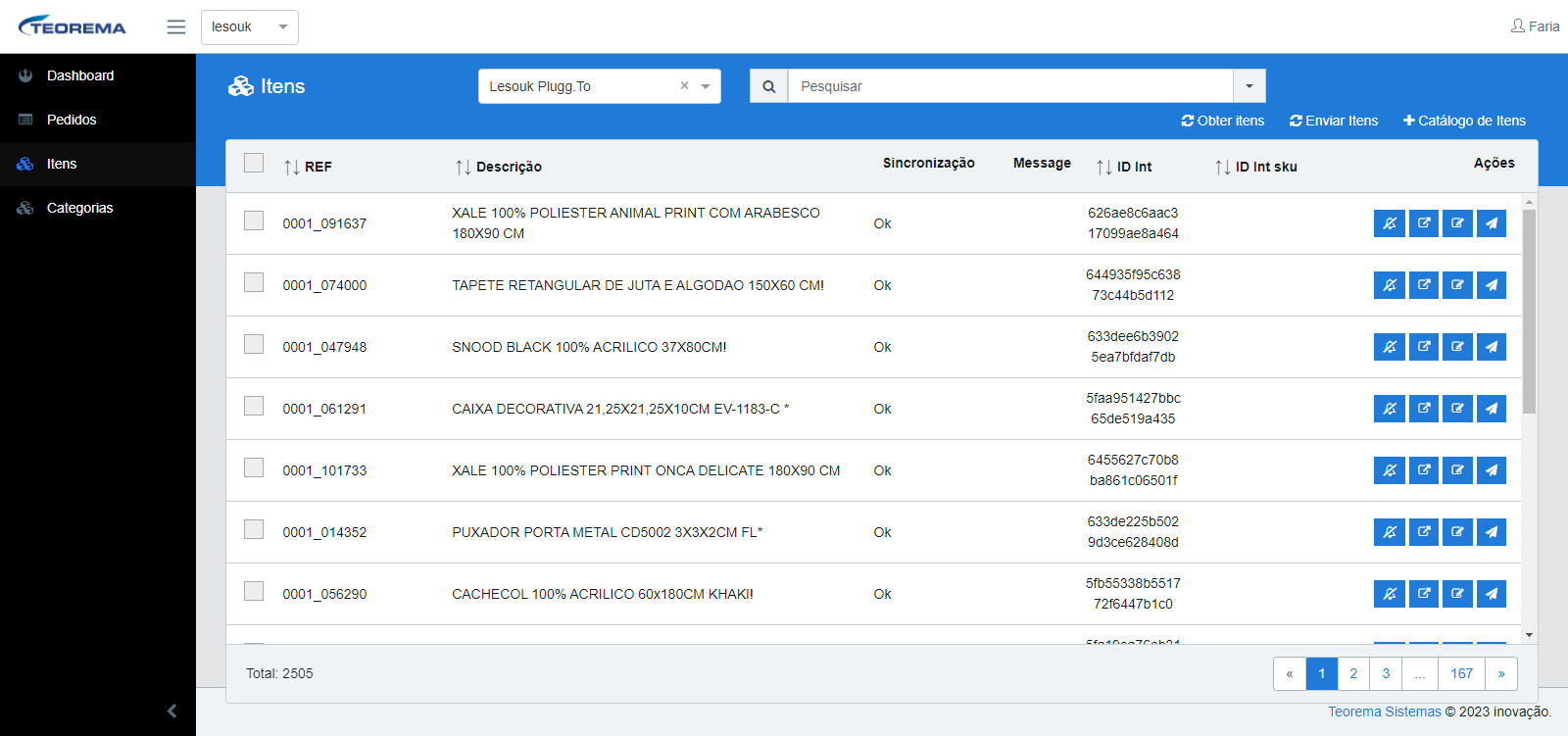 Seção Itens do Teorema Integrador com lista de produtos, colunas REF, Descrição, Sincronização, Message, ID Int e ID Int sku, todos com status Ok