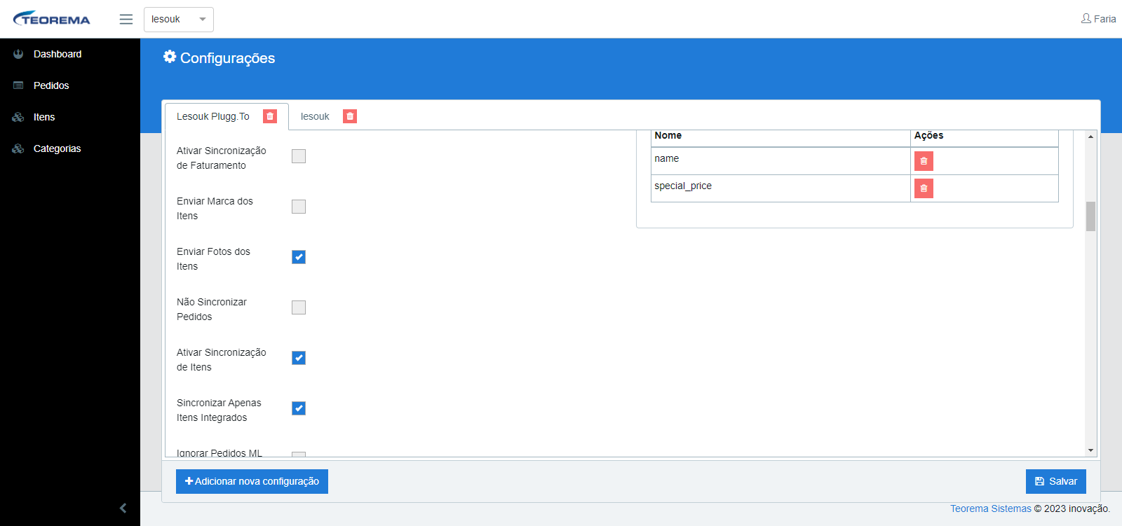 Tela Configurações do Teorema Integrador com lista de opções de sincronização (checkboxes) e tabela Campos a ser ignorados com entradas name e special_price