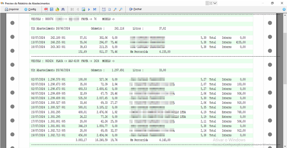 Relatório de Média de Abastecimento exibindo listagem com colunas de data, veículo, abastecimentos e médias calculadas