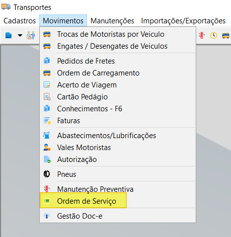 Menu Transportes com submenu Movimentos aberto; item "Ordem de Serviço" destacado em amarelo
