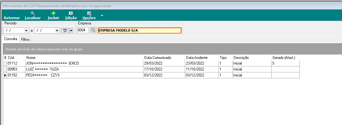 Tela de consulta do Movimento de CAT/Requerimento de Benefício por incapacidade com lista de registros anteriores e filtros de Período e Empresa