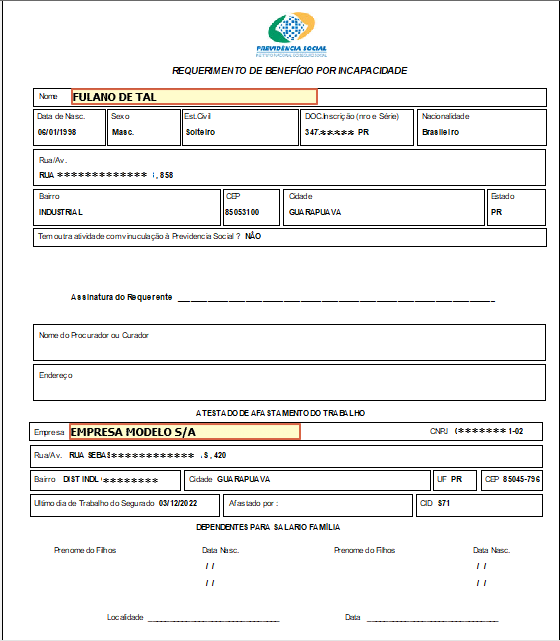 Formulário impresso do Requerimento de Benefício por Incapacidade com campos Nome, Data de Nascimento, Sexo, Estado Civil, DOC Inscrição, Nacionalidade, Rua/Av., Bairro, CEP, Cidade, Estado, Tem outra atividade com vinculação à Previdência Social, Assinatura do Requerente, Nome do Procurador ou Curador, Endereço, seção Atestado de Afastamento do Trabalho com Empresa, CNPJ, Rua/Av., Bairro, Cidade, UF, CEP, Último dia de Trabalho, Afastado por, CID e seção Dependentes para Salário Família