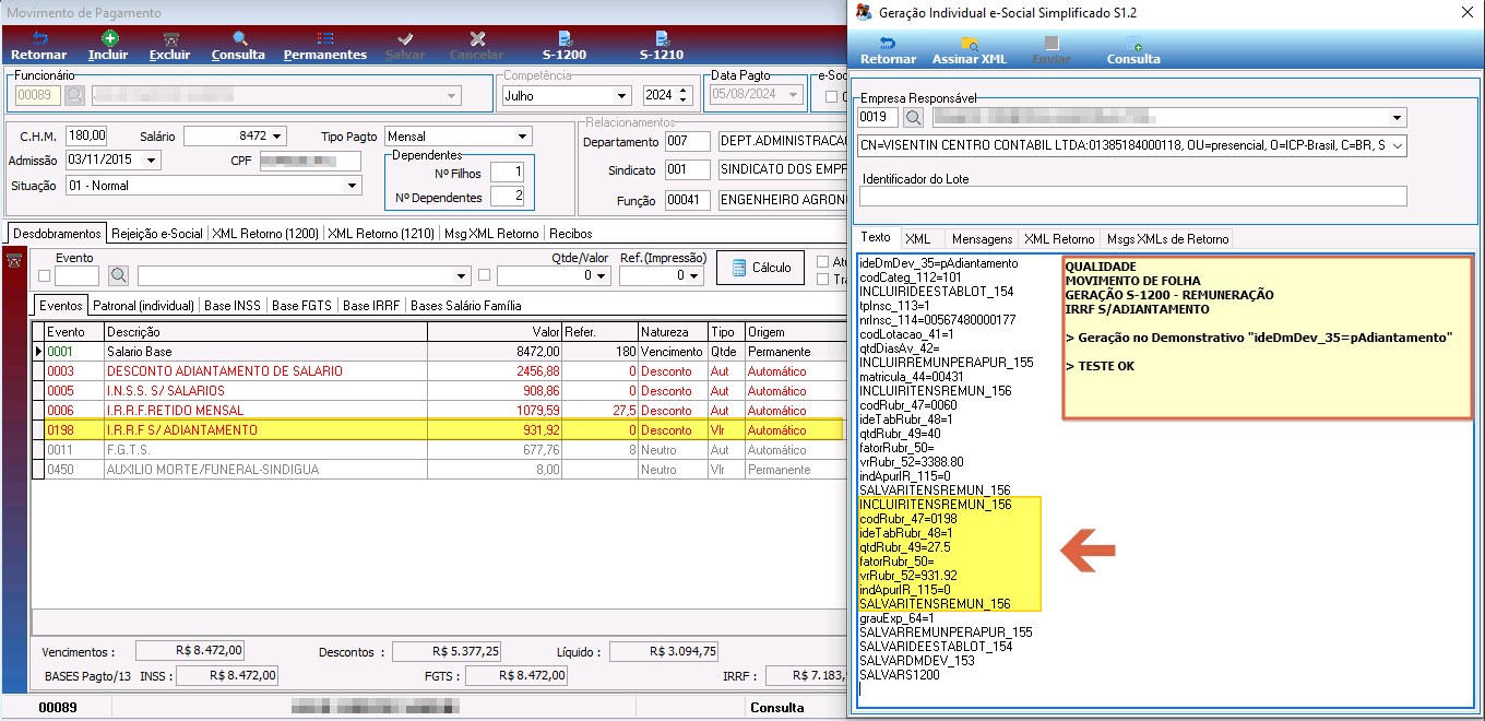 Movimento de Pagamento e janela Geração Individual e-Social Simplificado S1.2; aba XML exibe bloco INCLUIRITENSREMUN_156 com codRubr_47=0198, vrRubr_52=931.92 e indApurIR_115=0 destacados em amarelo