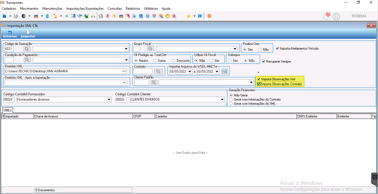 Tela Importação XML CTe com checkboxes "Importa Observações Xml" e "Importa Observações Contrato" marcados, destacados no canto superior direito do formulário