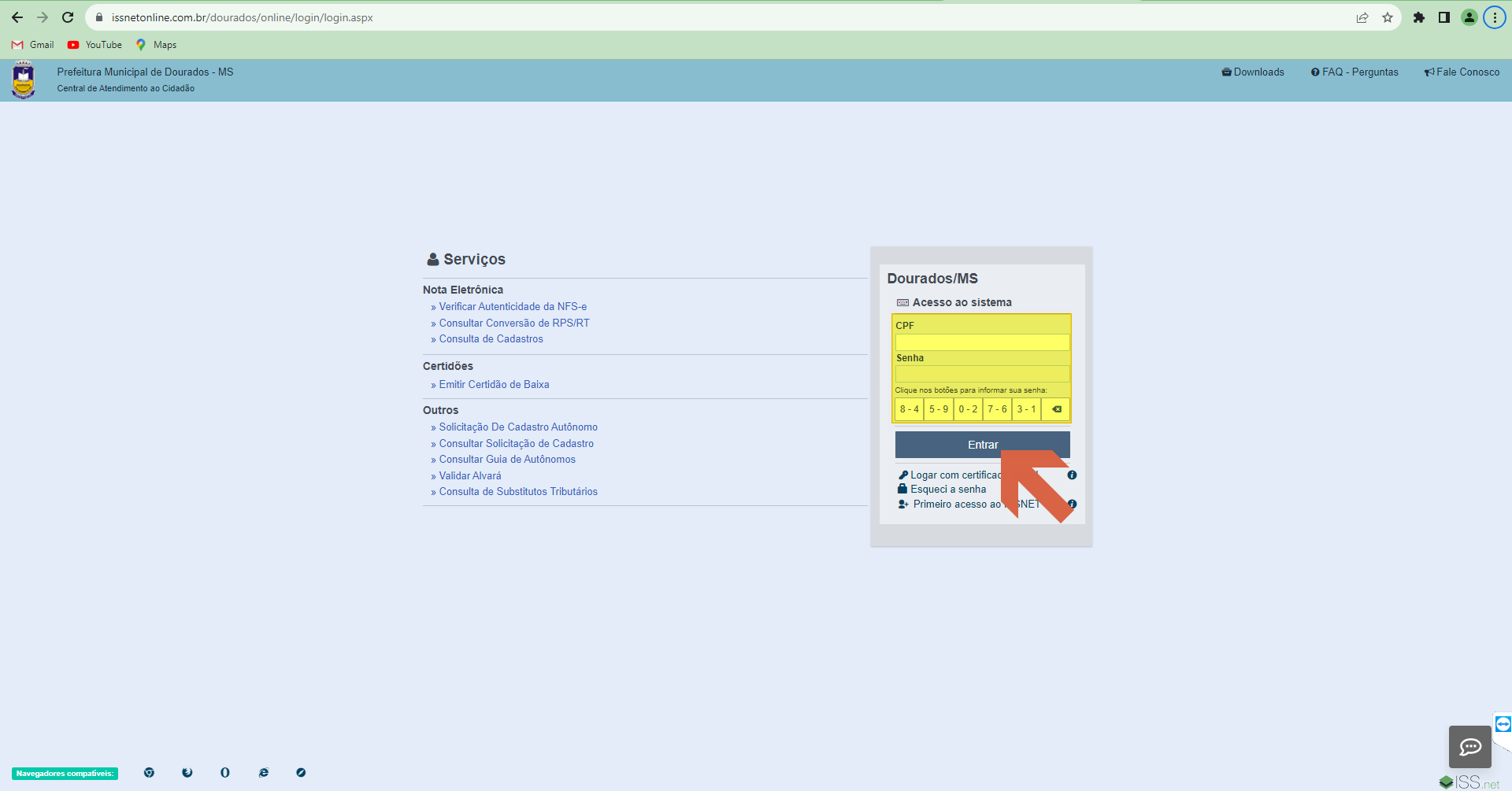 Tela de login do portal ISS.net da Prefeitura de Dourados/MS com campos CPF e Senha (teclado virtual) e botão Entrar