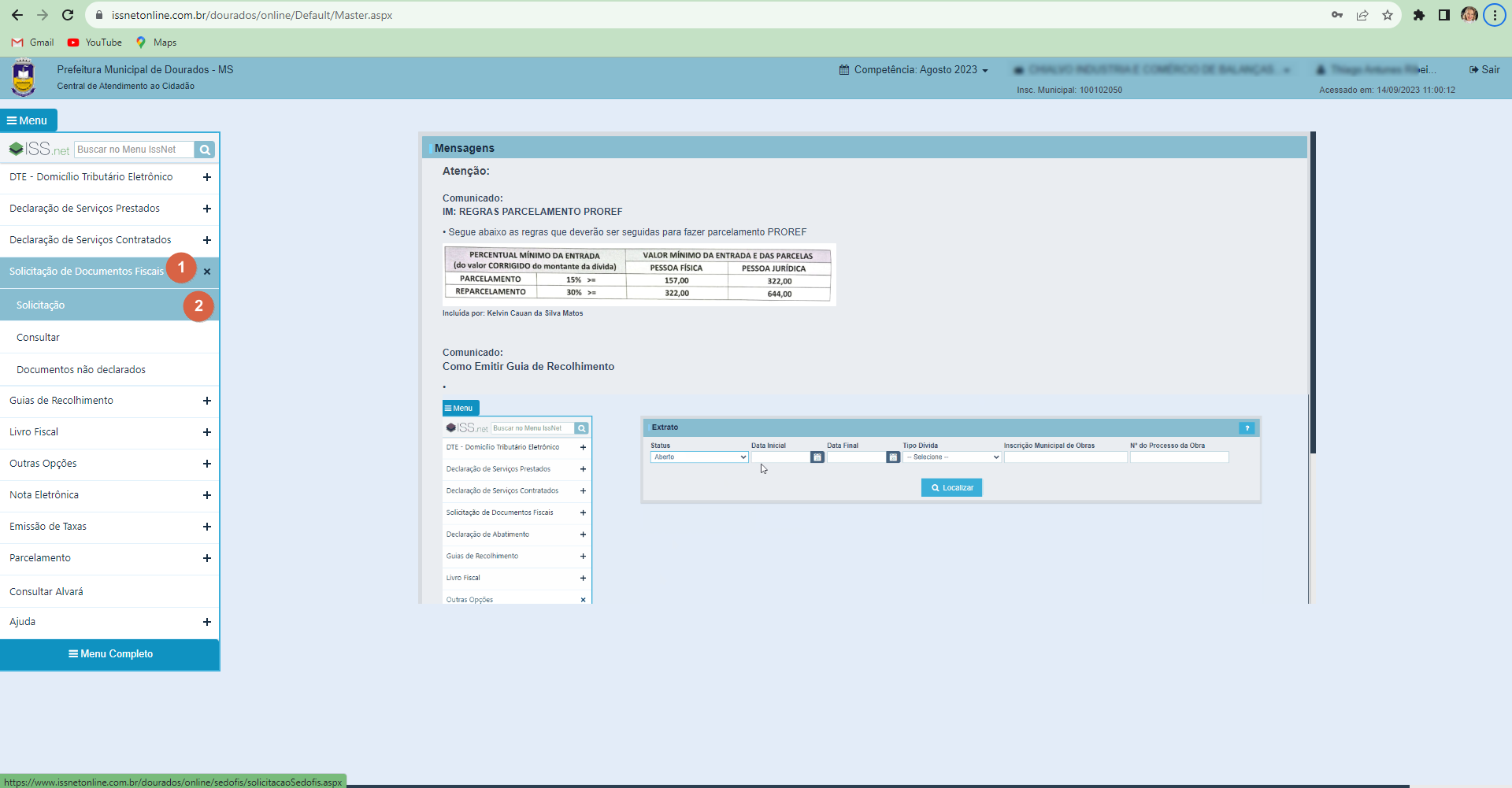 Portal ISS.net após login — menu lateral com Solicitação de Documentos Fiscais expandido e opção Solicitação destacada