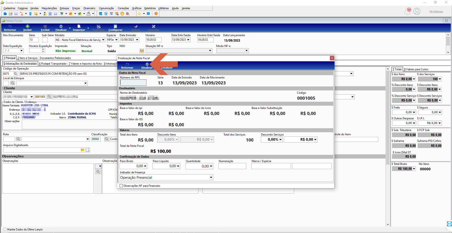 Janela Finalização de Nota Fiscal com campos Número do RPS, Série 13, Data de Emissão 13/09/2023, Data de Movimento 13/09/2023, Total da Nota Fiscal R$100,00 e botões Retornar, Finalizar e Totalizar