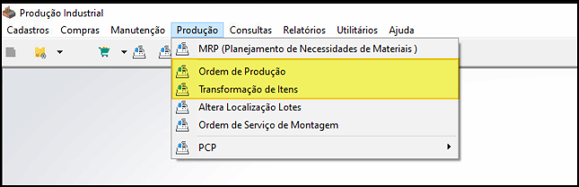 Menu Produção do módulo Produção Industrial com as opções: MRP (Planejamento de Necessidades de Materiais), Ordem de Produção, Transformação de Itens, Altera Localização Lotes, Ordem de Serviço de Montagem e PCP