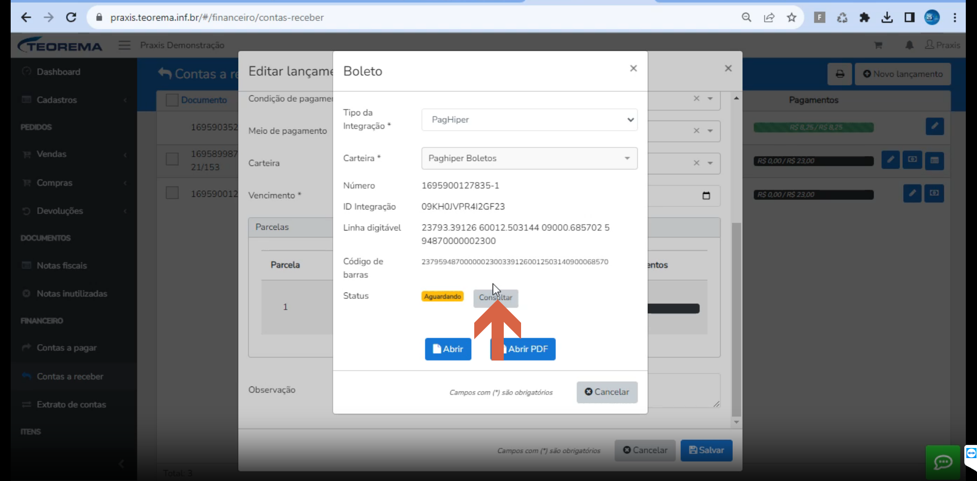 Modal Boleto com Tipo "PagHiper", Carteira "Paghiper Boletos", Número 1695900127835-1, ID Integração 09KH0JVP4R4I2GF23, Linha digitável e Código de barras; Status "Aguardando" e botão Consultar destacado por seta