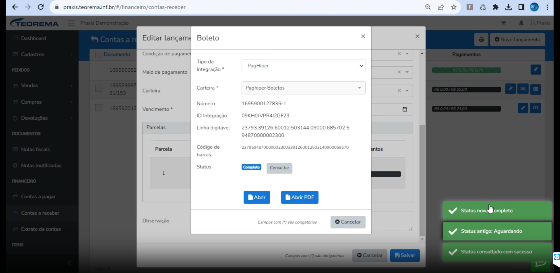 Modal Boleto com Status atualizado para "Completo"; notificações "Status item completo", "Status antigo: Aguardando" e "Status consultado com sucesso!" no canto inferior direito