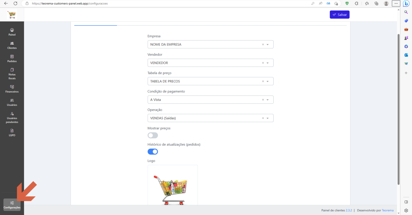 Tela Configurações com campos: Empresa (NOME DA EMPRESA), Vendedor (VENDEDOR), Tabela de preço (TABELA DE PRECOS), Condição de pagamento (A Vista), Operação (VENDAS Saídas), toggles Mostrar preços e Histórico de atualizações (pedidos), e seção Logo; menu lateral com item Configurações destacado; botão Salvar no topo