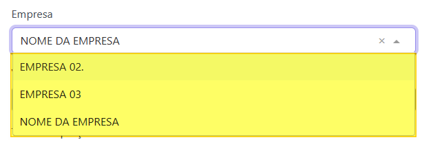 Dropdown Empresa aberto com opções: EMPRESA 02., EMPRESA 03, NOME DA EMPRESA
