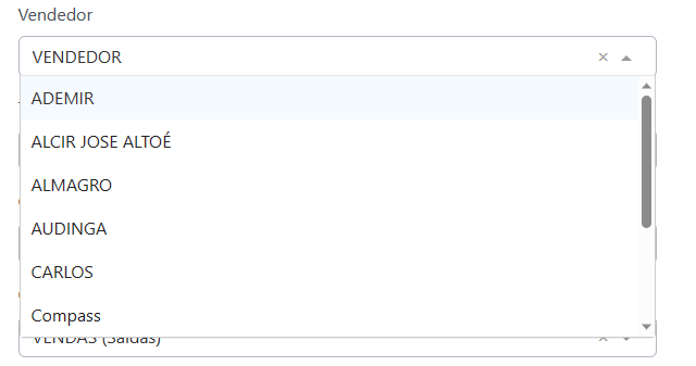 Dropdown Vendedor aberto com opções: ADEMIR, ALCIR JOSE ALTOÉ, ALMAGRO, AUDINGA, CARLOS, Compass