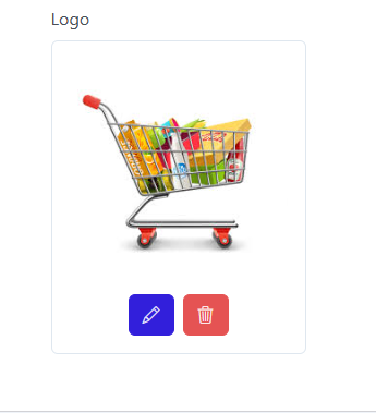 Campo Logo com imagem de carrinho de supermercado e botões de editar (azul) e excluir (vermelho)