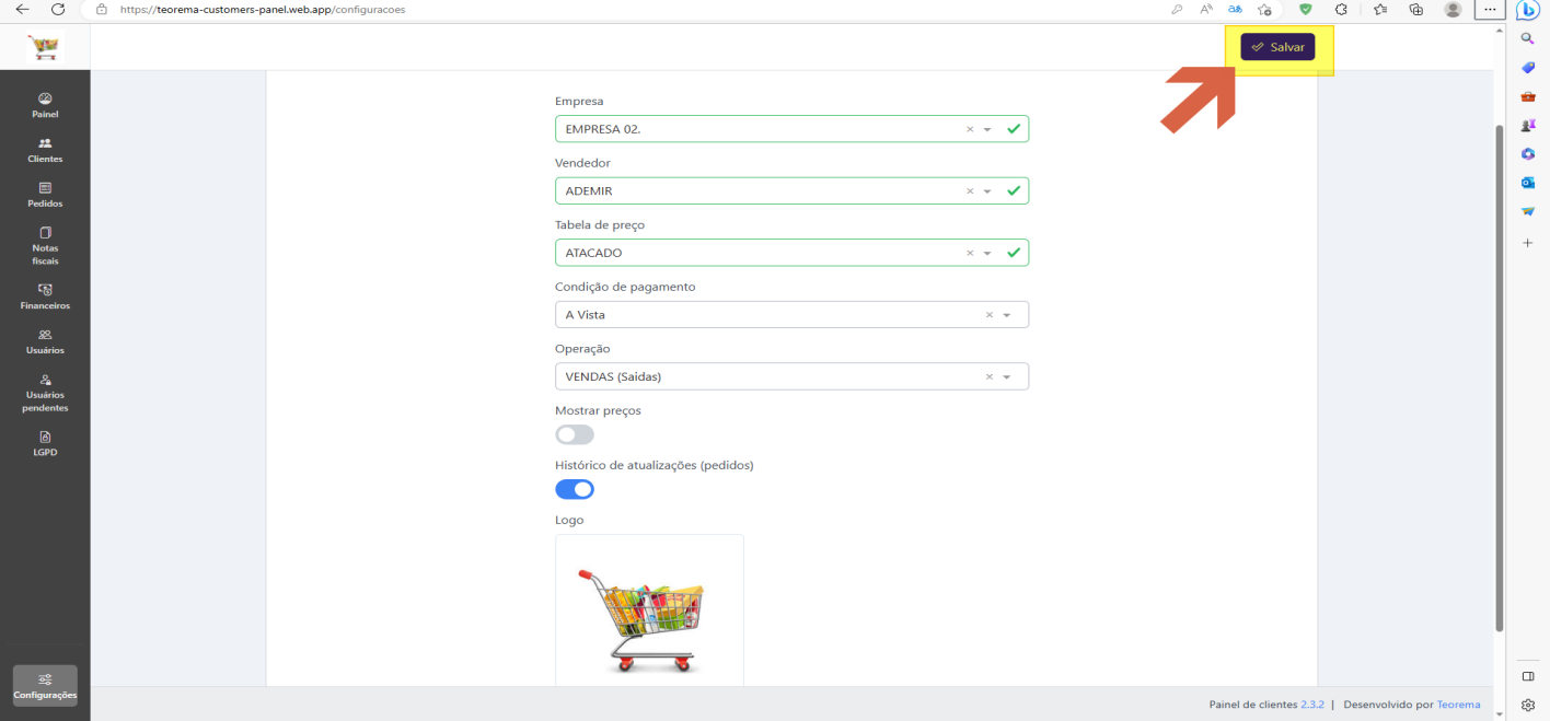 Tela Configurações com todos os campos preenchidos (Empresa: EMPRESA 02., Vendedor: ADEMIR, Tabela de preço: ATACADO, Condição de pagamento: A Vista, Operação: VENDAS Saídas); botão Salvar destacado no canto superior direito