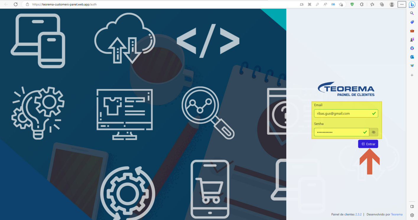 Tela de login do Painel de Clientes com e-mail e senha preenchidos; botão Entrar destacado