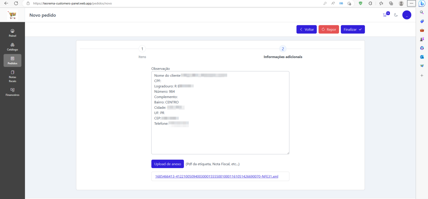 Tela Novo pedido > etapa 2 Informações adicionais: campo Observação preenchido automaticamente com dados do consumidor extraídos do XML (nome, CPF, logradouro, número, complemento, bairro, cidade, UF, CEP, telefone); botão Upload de anexo