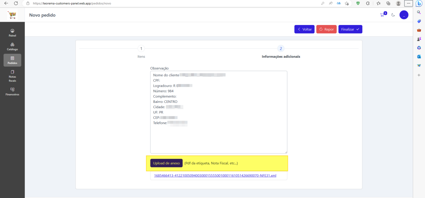 Tela Novo pedido > etapa 2 com botão "Upload de anexo" destacado e indicação "(Pdf da etiqueta, Nota Fiscal, etc...)"