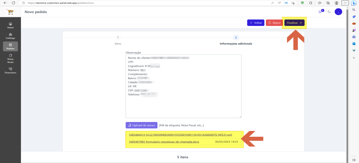 Tela Novo pedido > etapa 2 Informações adicionais com dois anexos listados (arquivo XML e formulario-requisicao-de-chamada.docx com data 30/05/2023 14:33); botão Finalizar destacado