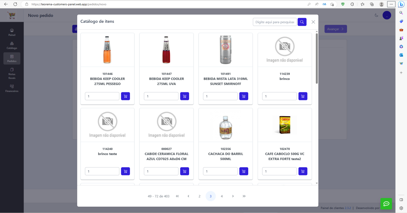 Modal Catálogo de itens com produtos em grade: imagens, códigos e nomes (BEBIDA KEEP COOLER 275ML PESSEGO, BEBIDA KEEP COOLER 275ML UVA, BEBIDA MISTA LATA 310ML SUNSET SMIRNOFF, brinco, brinco teste, CABIDE CERAMICA FLORAL AZUL, CACHACA DO BARRIL 500ML, CAFE CABOCLO 500G); campo de pesquisa; paginação
