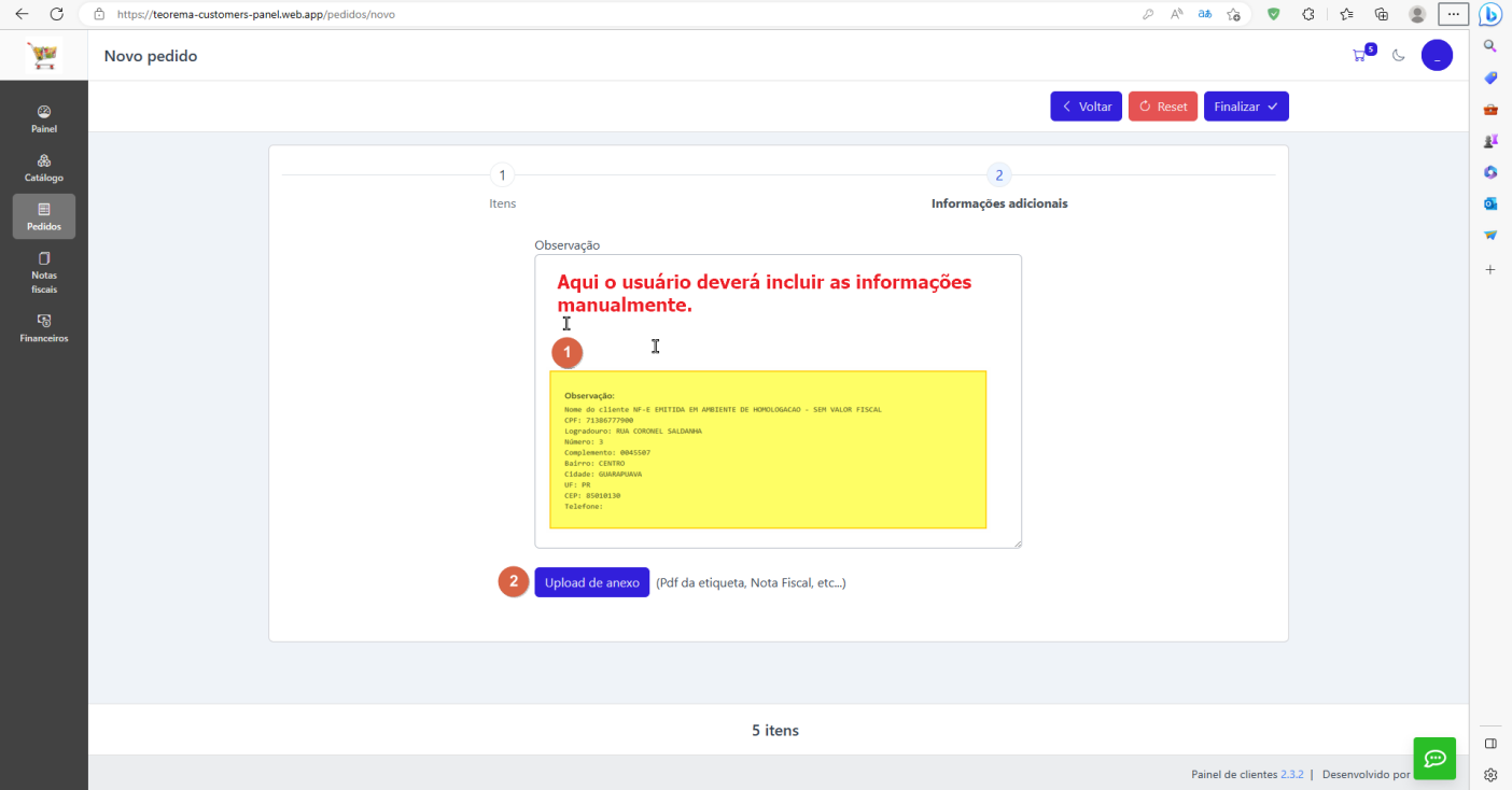 Tela Novo pedido > etapa 2 Informações adicionais: campo Observação com instrução "Aqui o usuário deverá incluir as informações manualmente" e exemplo de preenchimento destacado em amarelo; botão Upload de anexo numerado como 2