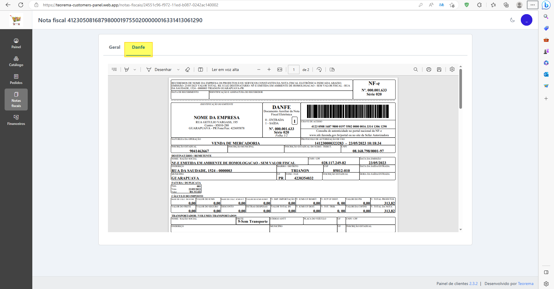 Tela Nota fiscal com aba Danfe destacada: visualizador de documento PDF com DANFE da NF-e