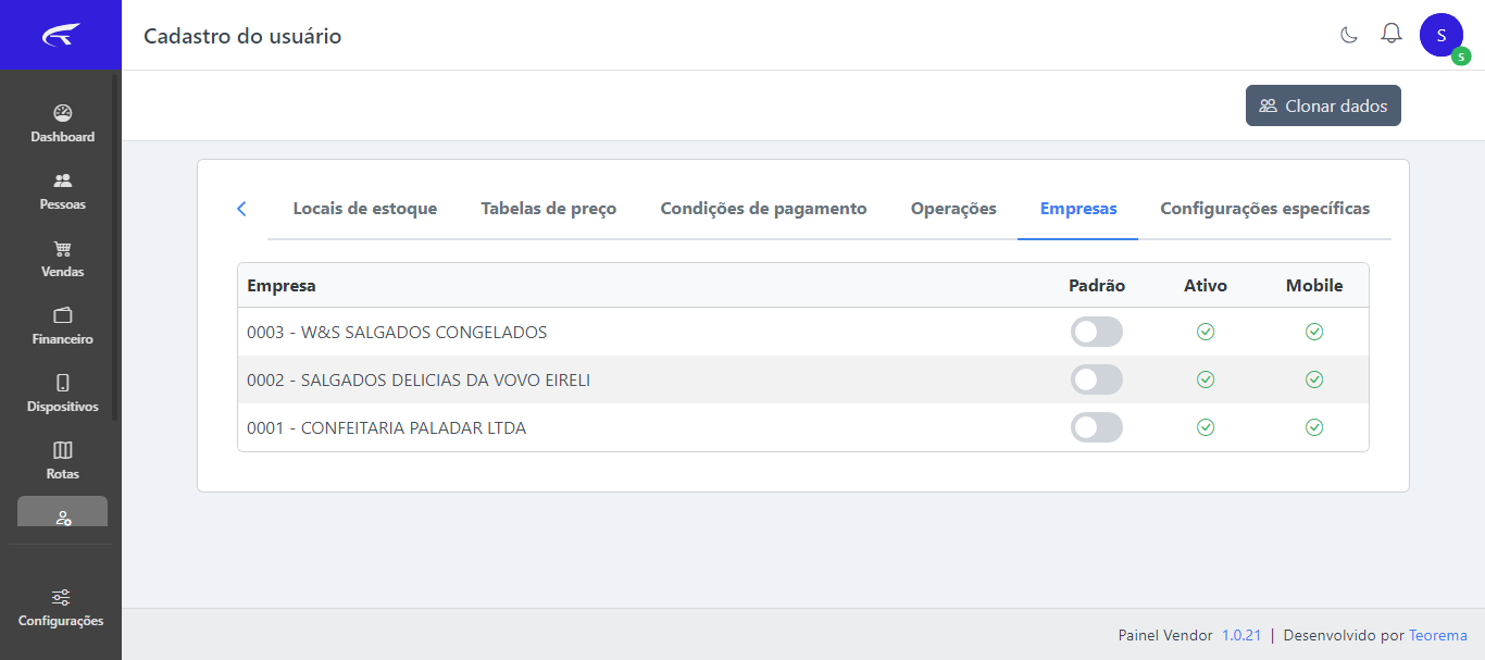 Painel Vendor — Cadastro do usuário, aba Empresas, exibindo 3 empresas configuradas: 0003 - W&S SALGADOS CONGELADOS, 0002 - SALGADOS DELICIAS DA VOVO EIRELI e 0001 - CONFEITARIA PALADAR LTDA — todas com Ativo e Mobile marcados