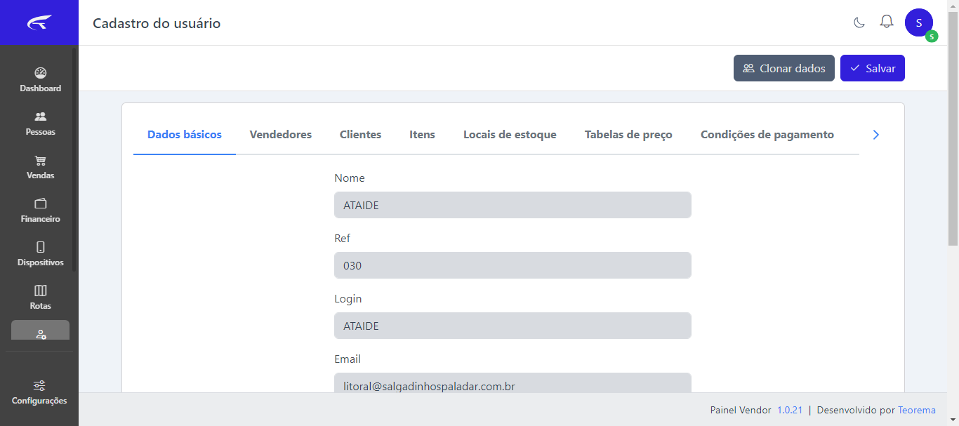 Painel Vendor — Cadastro do usuário, aba Dados básicos, com campos Nome: ATAIDE, Ref: 030, Login: ATAIDE, Email: litoral@salgadinhospaladar.com.br