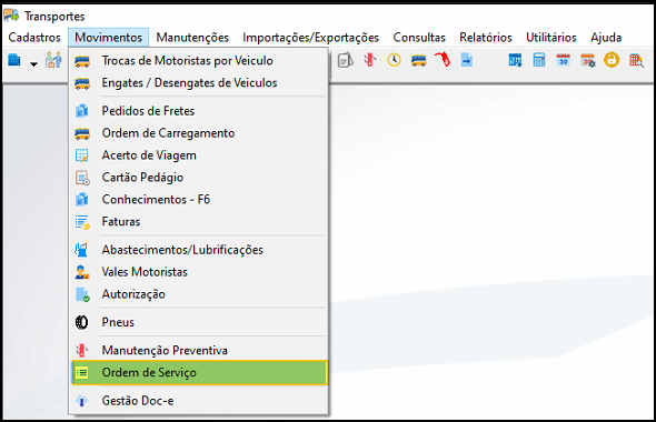Menu Movimentos do módulo Transportes com a opção Ordem de Serviço destacada
