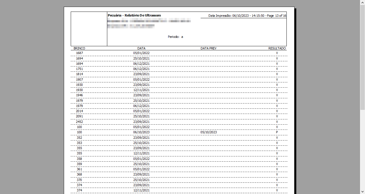 Relatório impresso "Pecuária - Relatório De Ultrassom" — Page 13 of 16, Data Impressão 06/10/2023. Colunas: Brinco, Data, Data Prev e Resultado. Registros listando brincos (1687, 1694, 1751, etc.) com datas de ultrassom e resultados "V" (Vazia) ou "P" (Prenha).