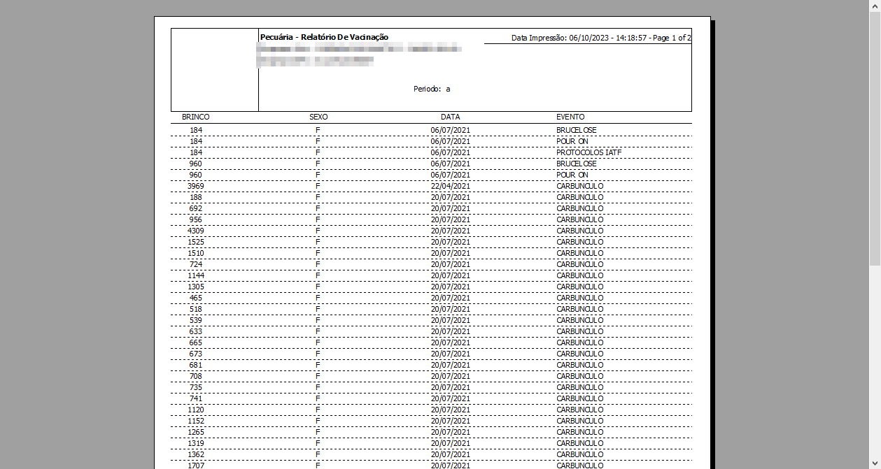 Relatório impresso "Pecuária - Relatório De Vacinação" — Page 1 of 2, Data Impressão 06/10/2023. Colunas: Brinco, Sexo, Data e Evento. Registros listando brincos (184, 960, 3969, 188, etc.) com sexo F, datas de vacinação e eventos: BRUCELOSE, POUR ON, PROTOCOLOS IATF e CARBUNCULO.