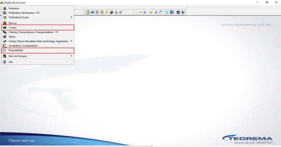 Menu Gestão de Lavouras com submenu Cadastros expandido, destacando os itens Bancos e Propriedades