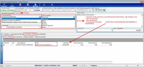Tela Movimentação Financeira – Contas a Receber com filtros Tipo Movimento (Contas a Receber), Informações Documento (Lavouras) e campo Fazenda do Produtor; lista suspensa de Tipo Documento visível com opções Nota Fiscal, Fatura, Recibo, Contrato, Folha de Pagamento e outros; aba Informações da Base selecionada mostrando conta BANCO TESTE LAVOURAS S.A. com Valor Pago R$ 1.000.000,00