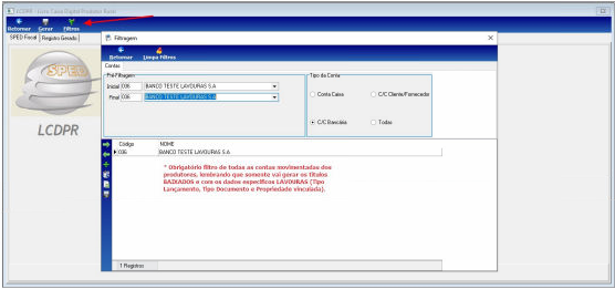 Tela LCDPR – Filtros com janela Filtragem aberta; campo Conta exibindo linha selecionada BANCO TESTE LAVOURAS S.A. e tipo de conta com opções Conta Caixa, C/C Cliente/Fornecedor, C/C Bancária e Todas