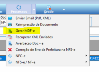 Menu Processos expandido com a opção "Gerar MDF-e" destacada