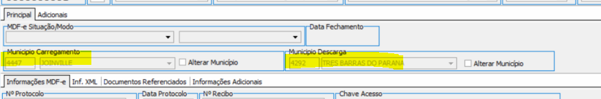 Aba Principal da tela Gestão MDF-e com campos Município Carregamento (4447 JOINVILLE) e Município Descarga (4292 TRES BARRAS DO PARANA) preenchidos