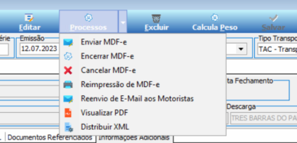 Menu Processos da tela Gestão MDF-e com opções: Enviar MDF-e, Encerrar MDF-e, Cancelar MDF-e, Reimpressão de MDF-e, Reenvio de E-Mail aos Motoristas, Visualizar PDF, Distribuir XML