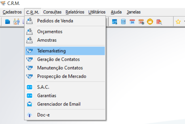 Menu C.R.M. expandido com as opções Pedidos de Venda, Orçamentos, Amostras, Telemarketing (destacado), Geração de Contatos, Manutenção Contatos, Prospecção de Mercado, S.A.C., Garantias, Gerenciador de Email e Doc-e