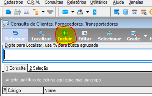 Tela Consulta de Clientes, Fornecedores, Transportadores com botão Incluir destacado e grade com colunas Código e Nome
