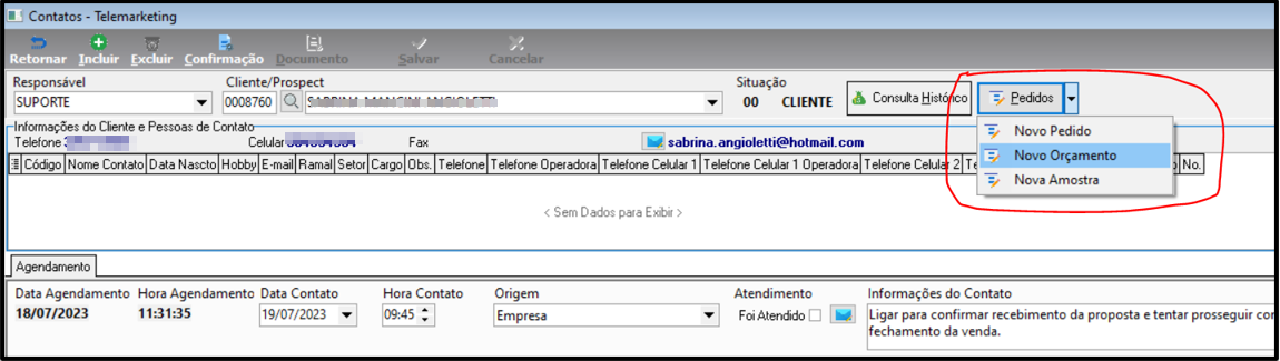 Formulário Contatos – Telemarketing com cliente selecionado (0008760 - SABRIAM MANSINI ANGIOLETTI); menu suspenso do botão Pedidos expandido exibindo as opções Novo Pedido, Novo Orçamento (destacado) e Nova Amostra