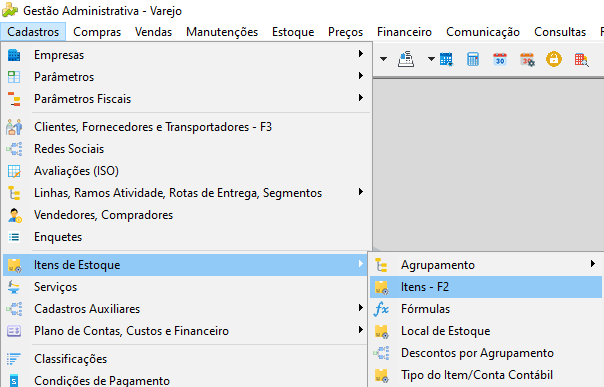 Menu Cadastros com submenu Itens de Estoque expandido e opção Itens - F2 selecionada