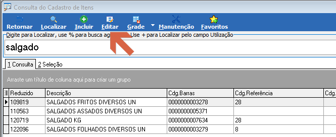 Tela Consulta do Cadastro de Itens com busca pelo termo "salgado", lista de itens encontrados e botão Editar destacado na barra de ferramentas