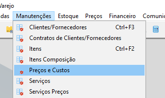 Menu Manutenções expandido com opção Preços e Custos selecionada