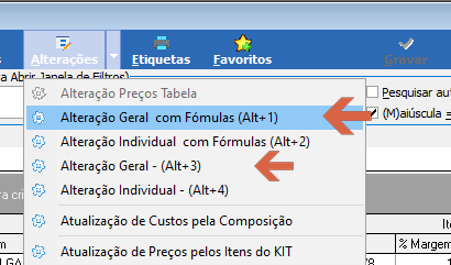 Menu Alterações com as opções Alteração Geral com Fórmulas (Alt+1) e Alteração Geral - (Alt+3) destacadas por setas