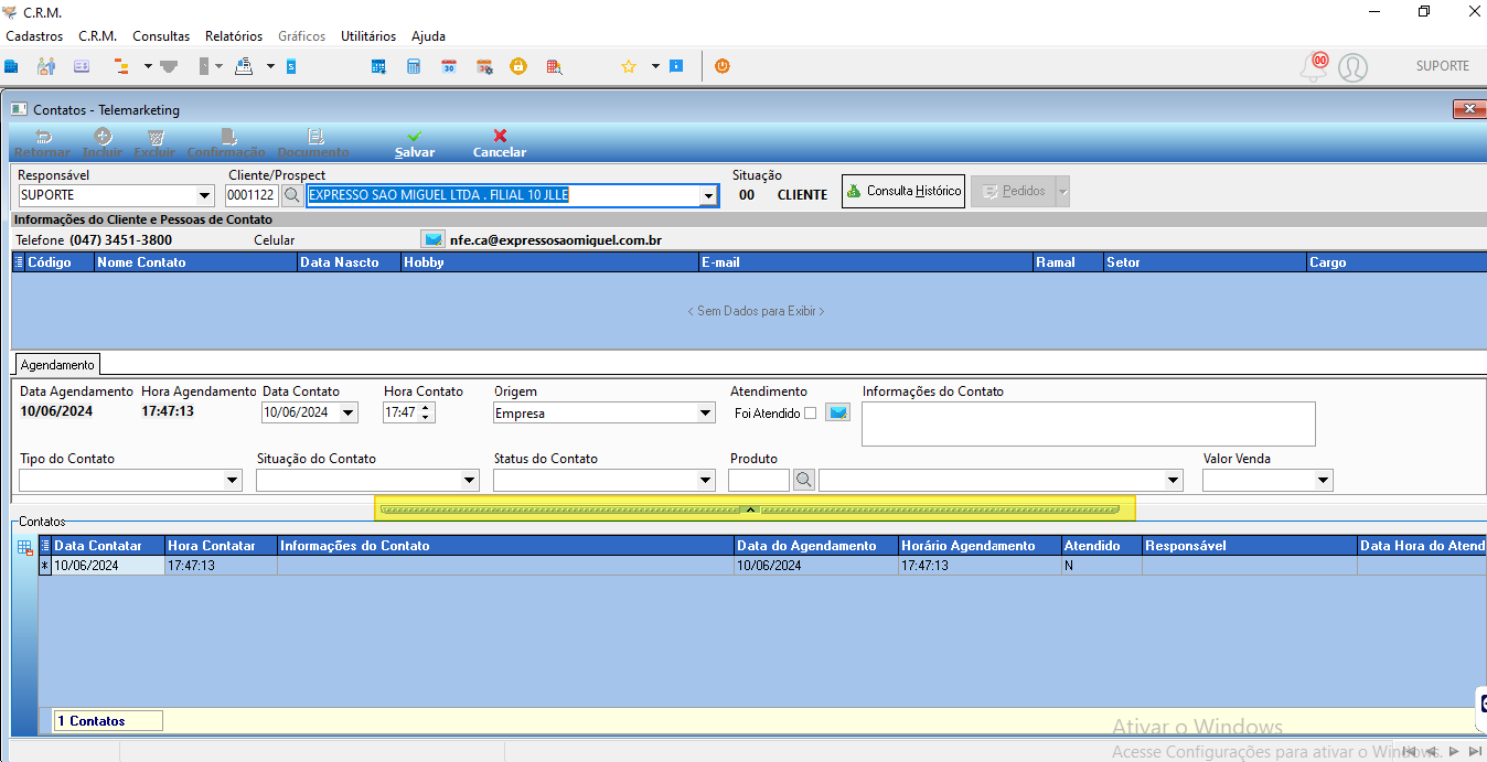 Tela Contatos - Telemarketing com campos Responsável, Cliente/Prospect, Situação, seção Informações do Cliente e Pessoas de Contato, painel de Agendamento com campos Data Agendamento, Hora Agendamento, Data Contato, Hora Contato, Origem, Atendimento, Tipo do Contato, Situação do Contato, Status do Contato, Produto e Valor Venda, e grade Contatos com colunas Data Contatar, Hora Contatar, Informações do Contato, Data do Agendamento, Horário Agendamento, Atendido, Responsável e Data Hora do Atendimento